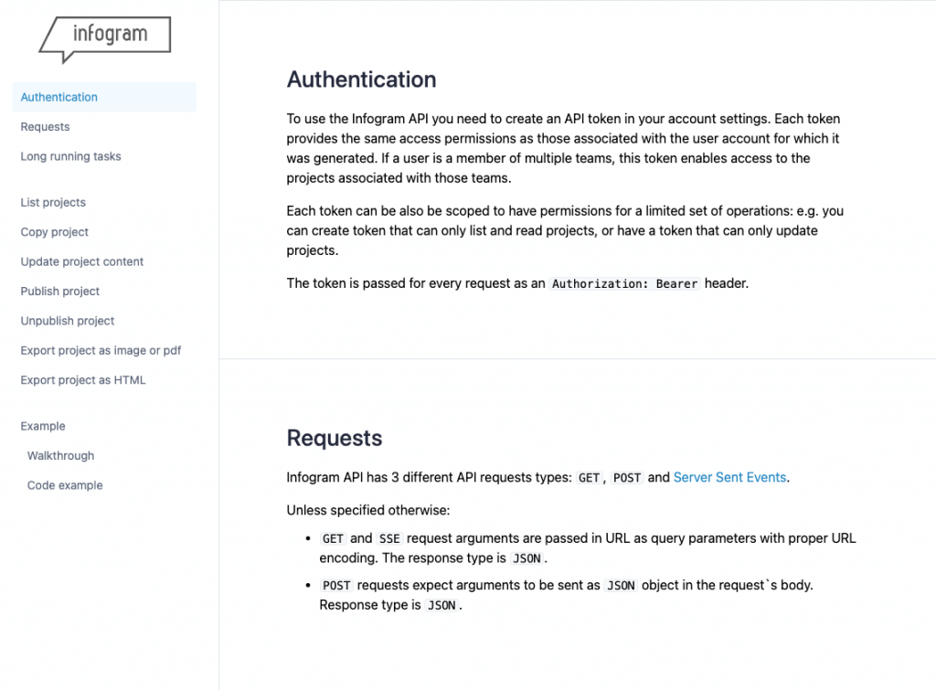 A screenshot of Infogram's API documentation page.