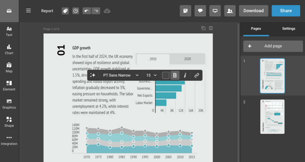 A project visualization with a visible floating text toolbar.