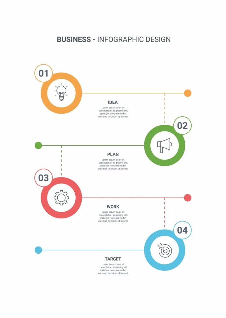 Infographic design template with idea, plan, work, target keywords and icons