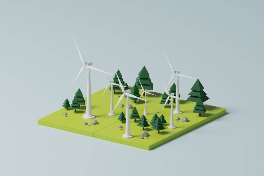 3d Illustration of a wind turbine field on a blue background. Renewable and sustainable energy concept.